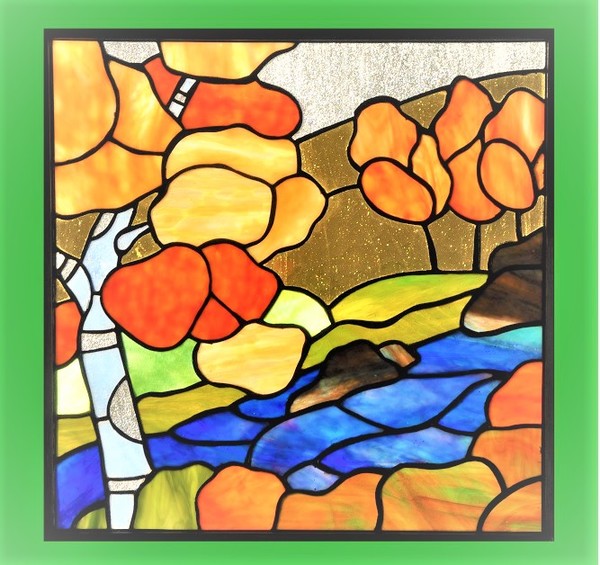 ステンドグラスパネル「紅葉と渓流」